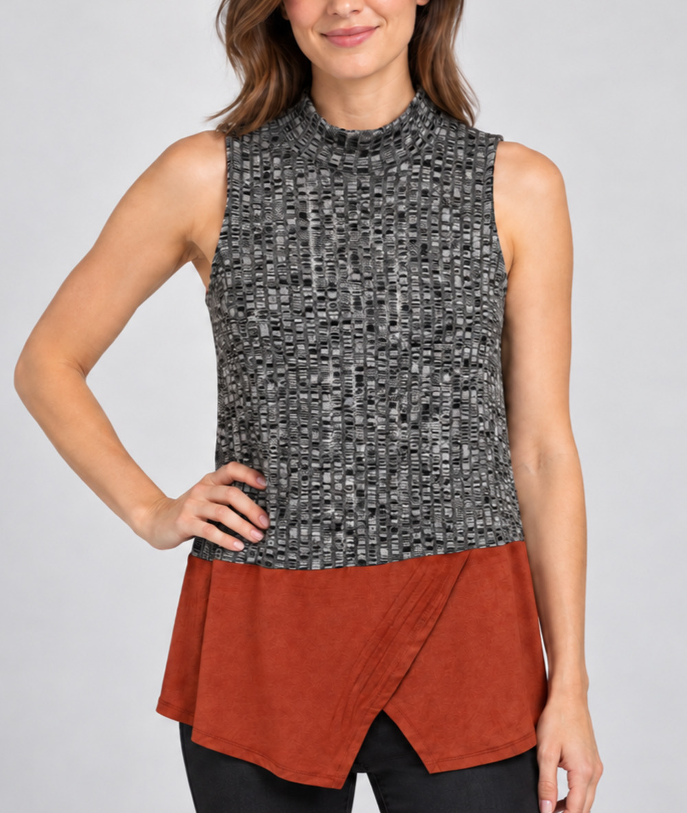 THML Womens L Mock Neck Sleeveless Tunic Top Gray Rust Mixed Media Colorblock